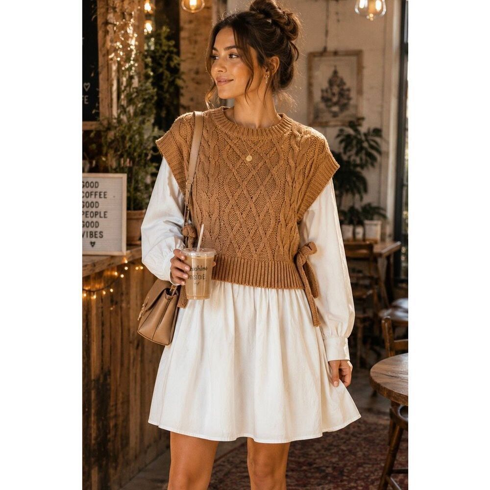 NWT Altar’d State Morgan Sweater Twofer Cable Knit Vest Overlay Dress XS